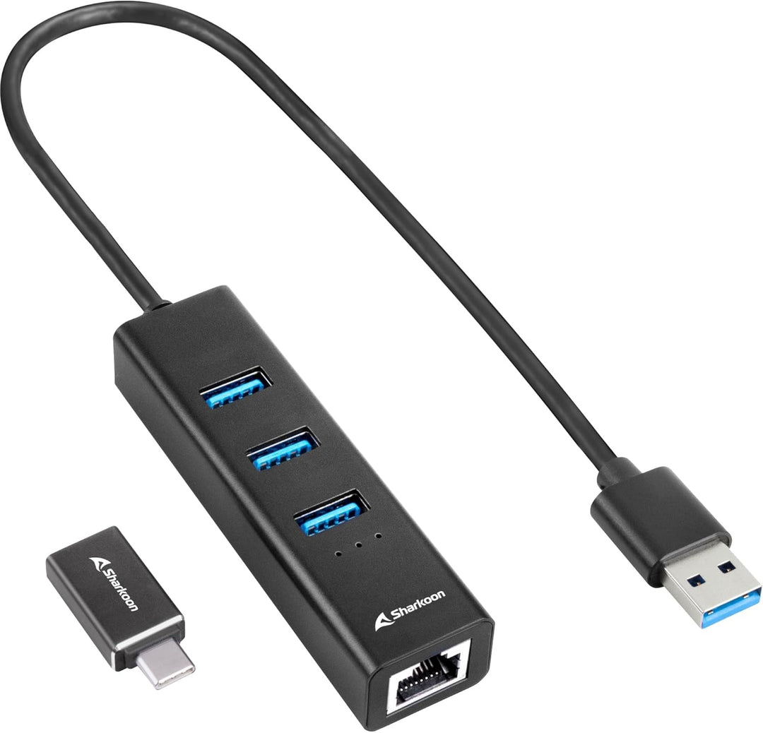 Sharkoon 3-Port USB 3.2 GEN 1 Aluminium Hub, RJ45 Ethernet Adapter, Schwarz