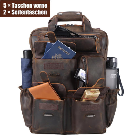 TIDING Herren Rucksack Echtes Leder Grosse Kapazität Business Reisetasche für 15,6 Laptop Tasche, Da