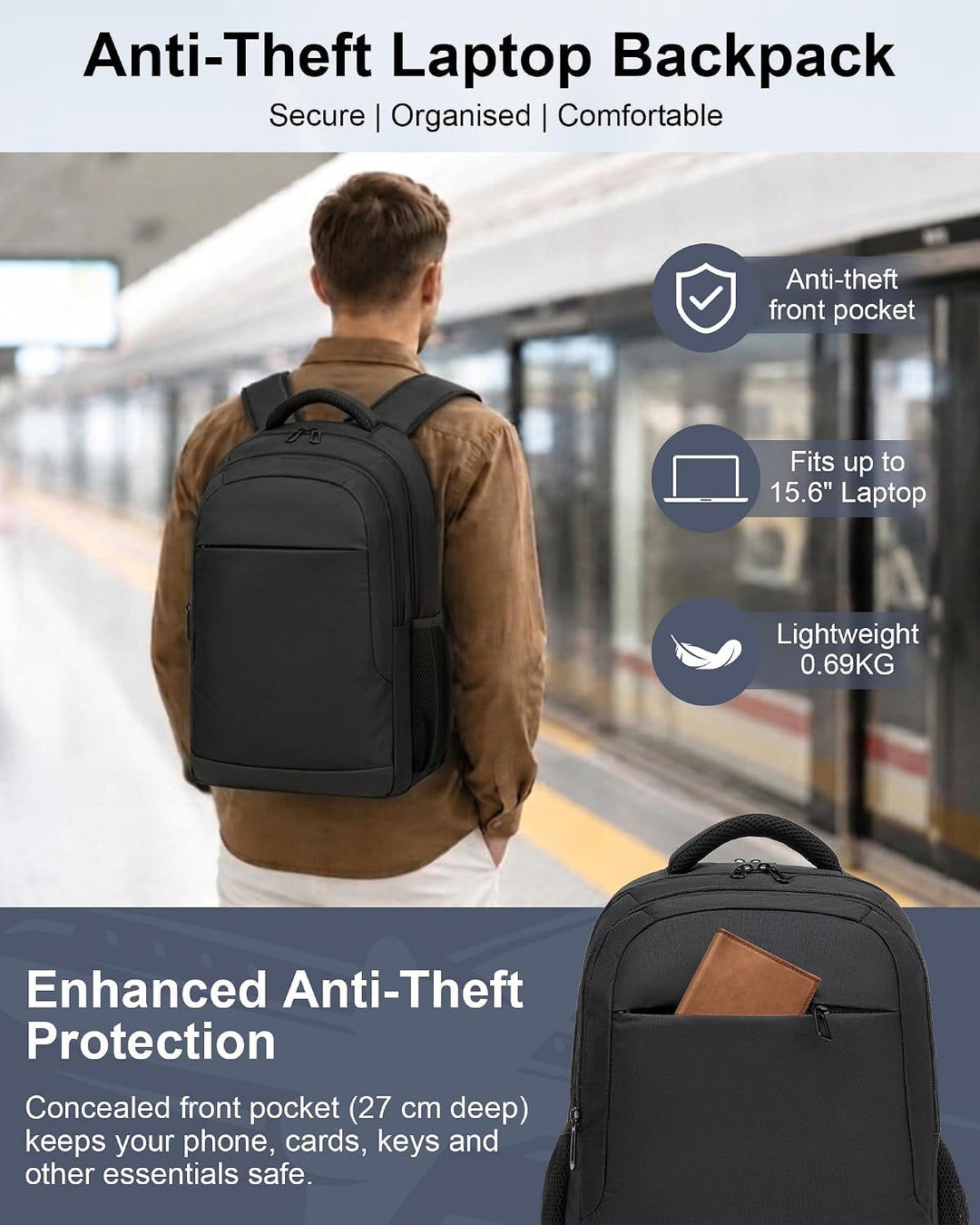 Rucksack Herren Arbeit, 15,6 Zoll Business Laptop Rucksack Damen, Schwarz | Arbeitsrucksack mit voll