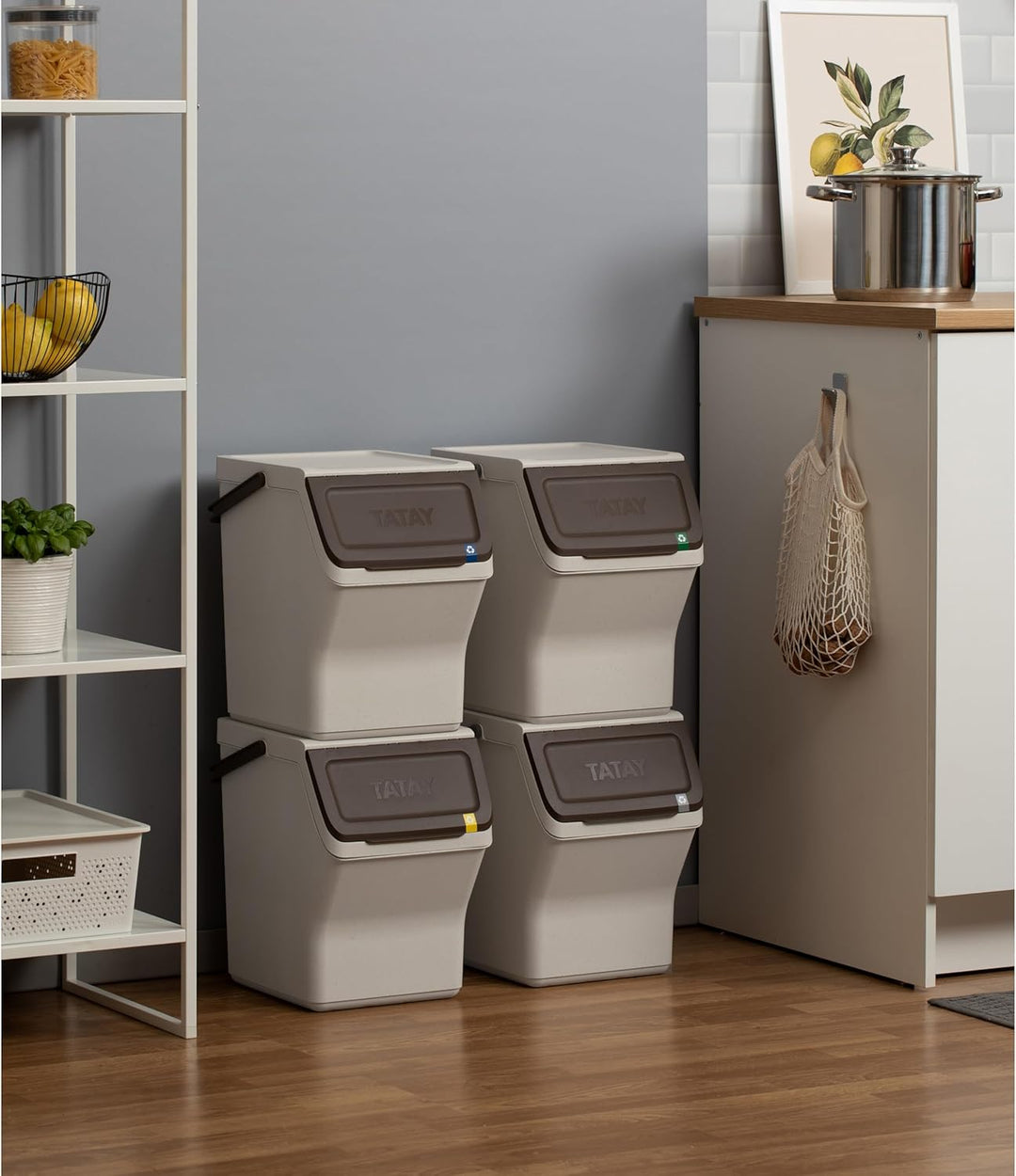TATAY Mülltrennsystem Easy Waste 20L | 4er Set Recycling Behälter | Modular und Stapelbar | Deckel m