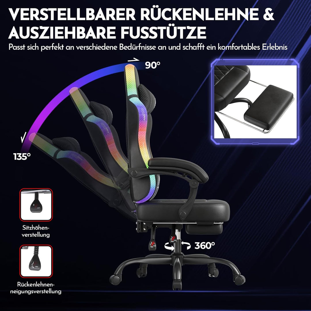 GTPLAYER Gaming Stuhl, Bürostuhl, Gaming Chair mit LED Lichtleiste, Gamer Stuhl, Rückenlehne mit Auf
