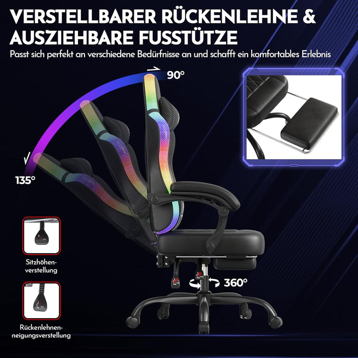 GTPLAYER Gaming Stuhl, Bürostuhl, Gaming Chair mit LED Lichtleiste, Gamer Stuhl, Rückenlehne mit Auf