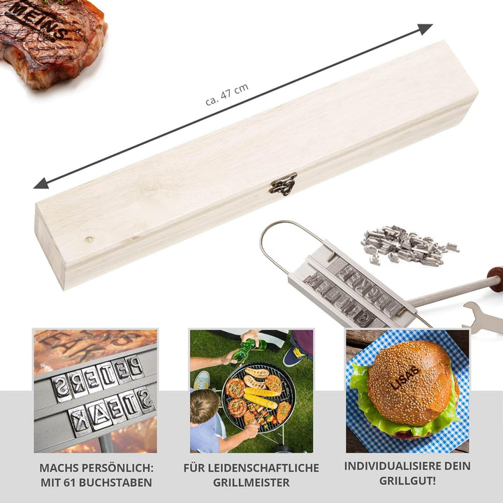 BBQ Brandeisen mit Buchstaben-Set und Holzbox, Fleischstempel für den Grill, Grillzubehör, Fleisch-B