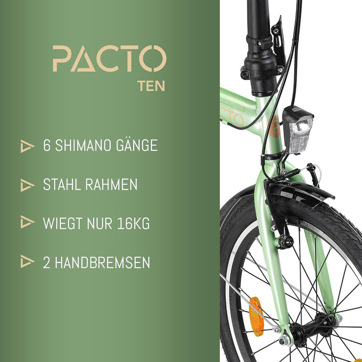 PACTO Ten Klapprad 20 Zoll mit Schnelles Faltsystem (10 Sek), Stahlrahmen, Leichtgewicht (16KG), Shi