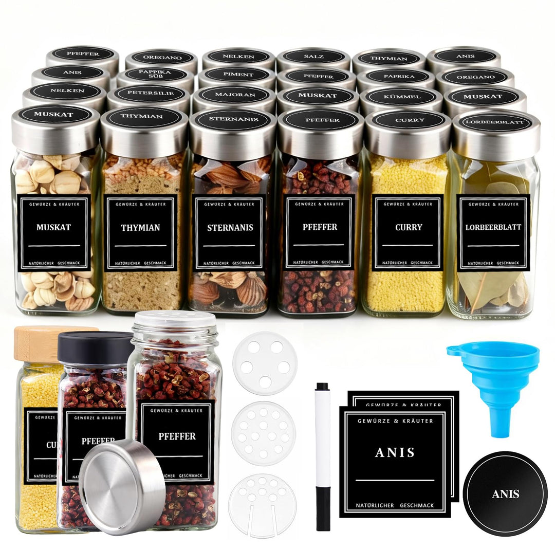 Gewürzgläser Set 24er [120ml, Eckig & Luftdicht] mit Edelstahldeckeln, Etiketten & Streueinsätzen -