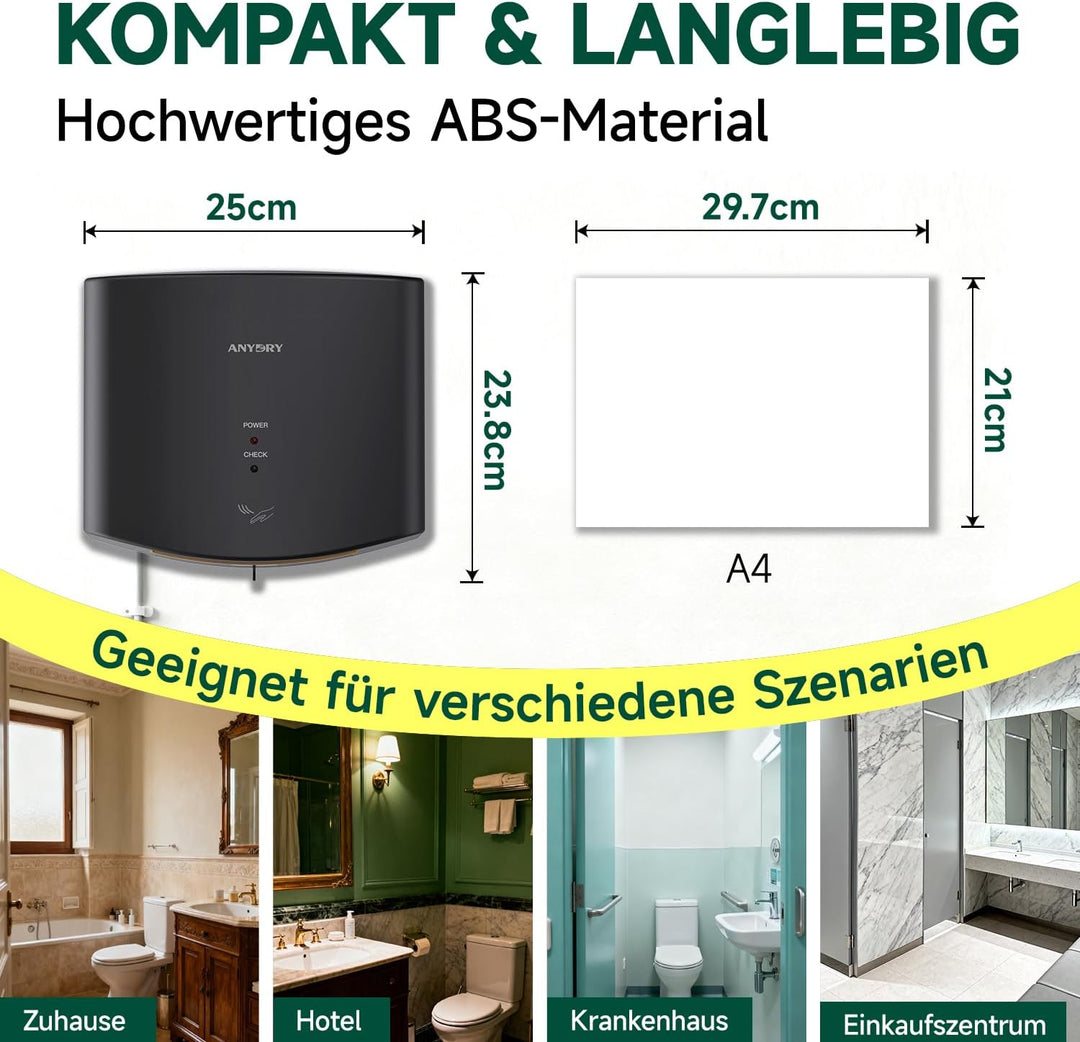 anydry 2630S Kompakter Händetrockner,Automatischer Elektrischer Händetrockner für Wandmontage,Für Ge