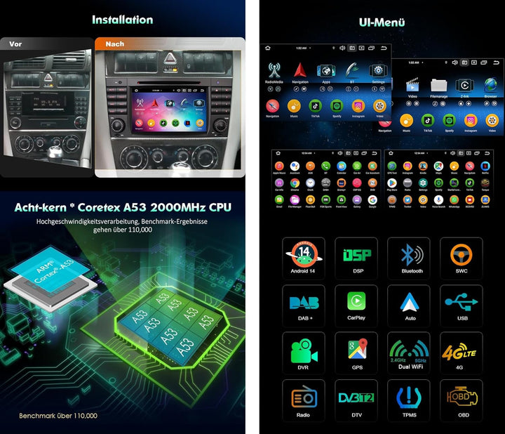 Erisin Acht Kern Android 14 Autoradio DVD 4GB+64GB GPS Navigation Für Mercedes Benz C/CLC/G-Klasse W