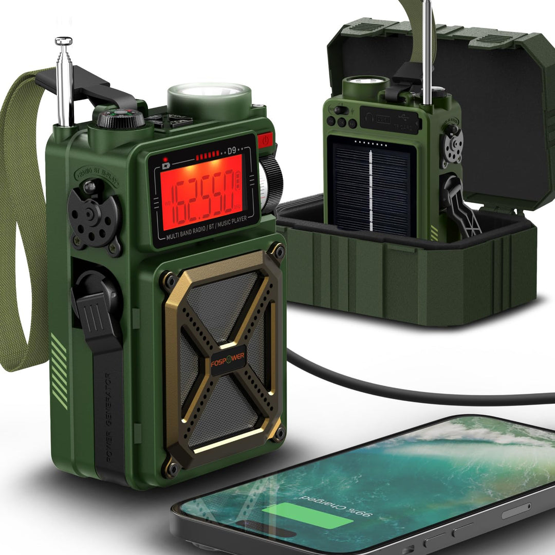 FosPower Solar Crank Radio Model D9 with LCD, Flashlight AM/FM/WB and Bank d'power Supply 4,000 mAh