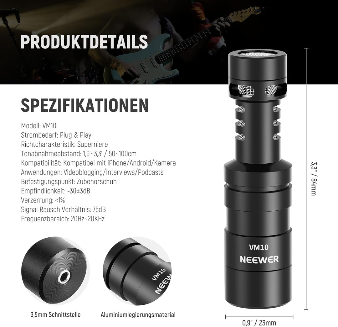 NEEWER VM10 Mini Plug & Play Vlog Mikrofon mit Reinigungstuch, 3,5mm TRS, USB C, OTG, Stossdämpferha