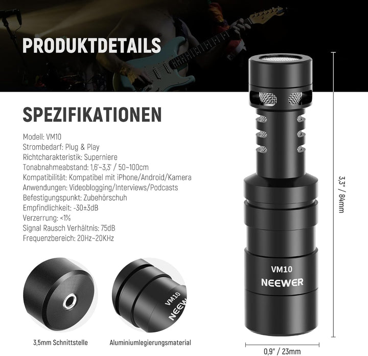 NEEWER VM10 Mini Plug & Play Vlog Mikrofon mit Reinigungstuch, 3,5mm TRS, USB C, OTG, Stossdämpferha