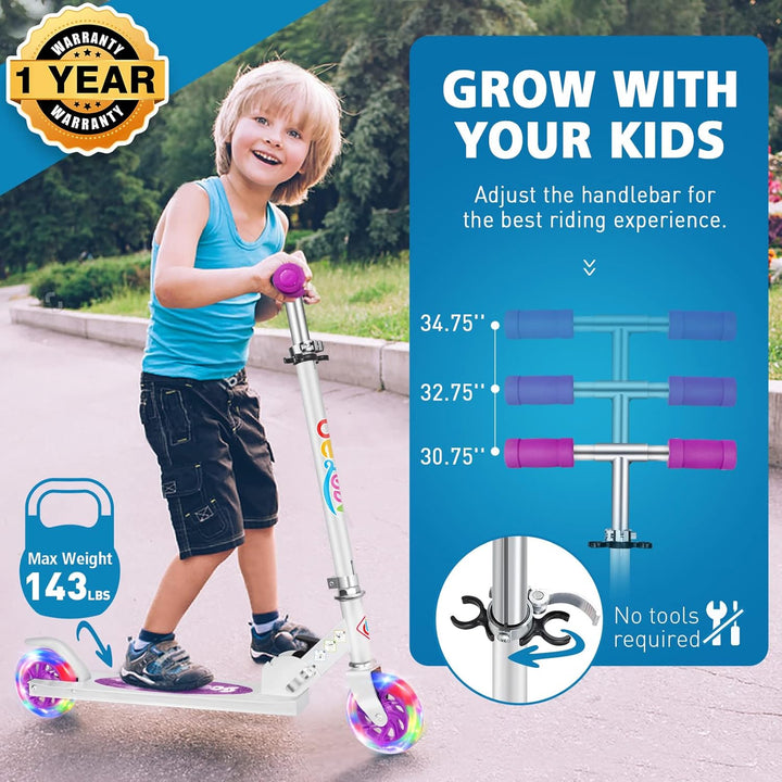 BELEEV V1 Roller Kinder 2 Räder, Klappbar Kinderroller für Mädchen Jungen, Tretroller mit LED Leucht