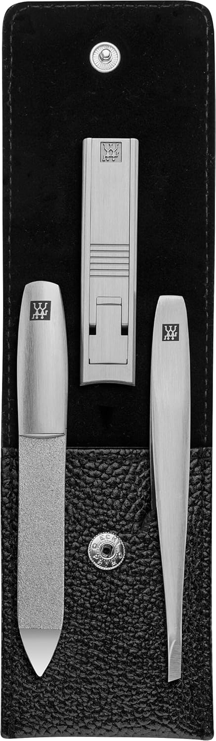 ZWILLING Maniküre Pediküre Set 3-teilig aus 100% Rindleder mit Druckknopfverschluss, Premium, Schwar