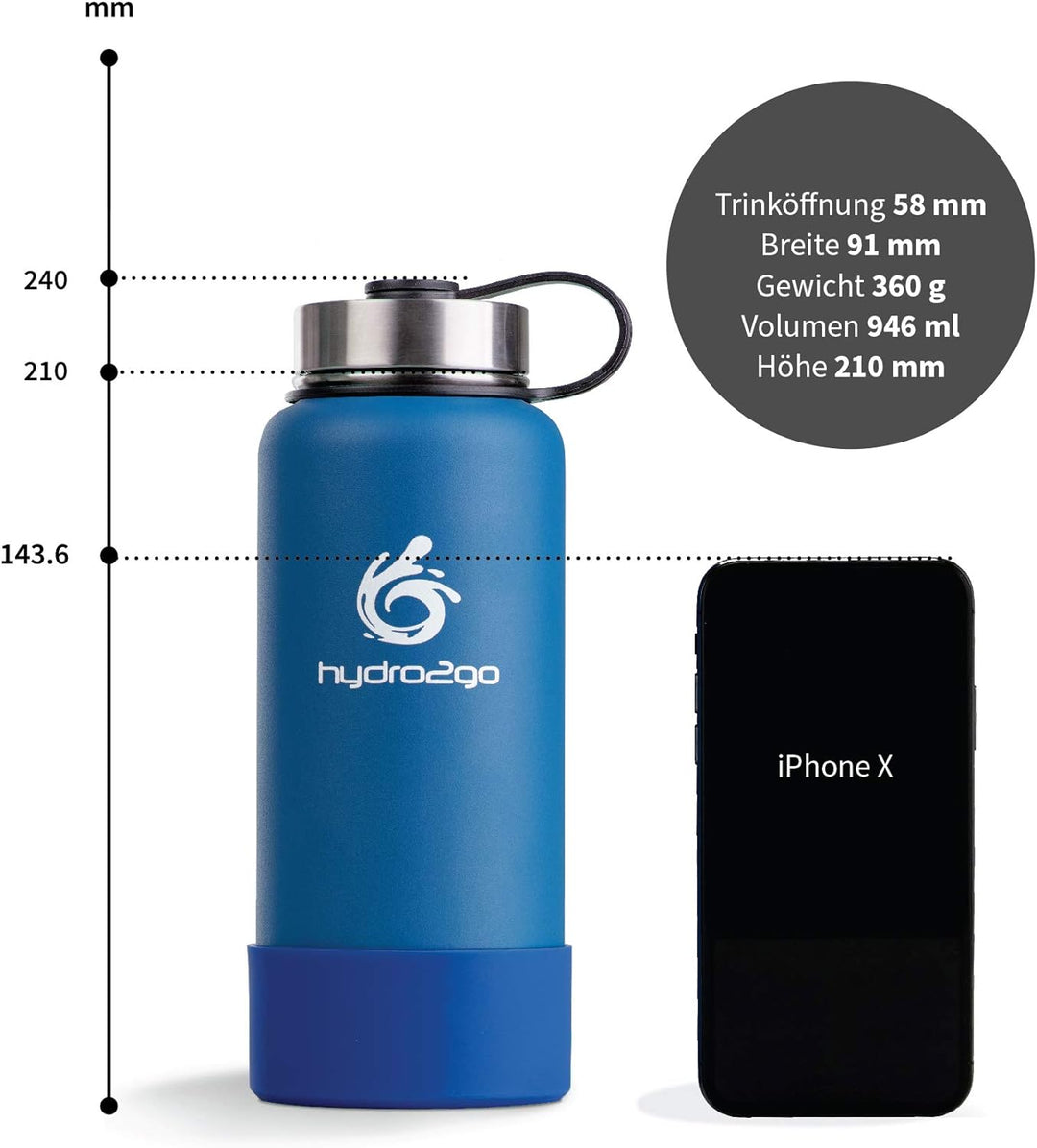 hydro2go ® Edelstahl Trinkflasche X-AlpsBottle - 1000ml / 1l | vakuumisolierte Thermosflasche + 3 Tr