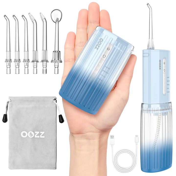 OOZZ Travel Water Flosser, Schnurlose Taschenmunddusche, 5 Druckmodi, 6 Strahlspitzen, USB-wiederauf