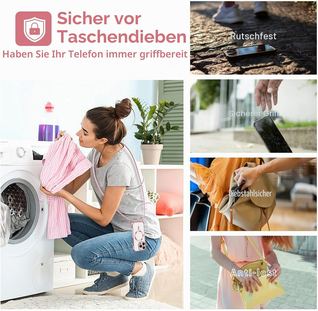 GOODVISH Handykette für iPhone 16 Pro Hülle mit Band Magnetisch, Rosé | mit 2 Stück Schutzfolie, mit