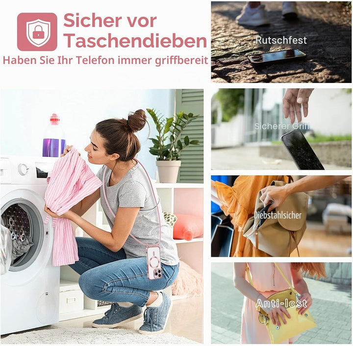 GOODVISH Handykette für iPhone 16 Pro Hülle mit Band Magnetisch, Rosé | mit 2 Stück Schutzfolie, mit