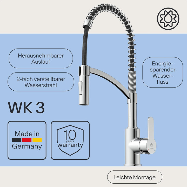 WK3 Küchenarmatur - Design-Wasserhahn Küche - Chrom - Herunterziehbare Brause - Armatur mit Energies