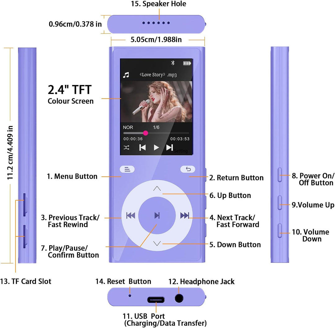 90GB MP3 Player Bluetooth 5.3, Musik Player 2 TF-Kartensteckplätzen Lila, Lila
