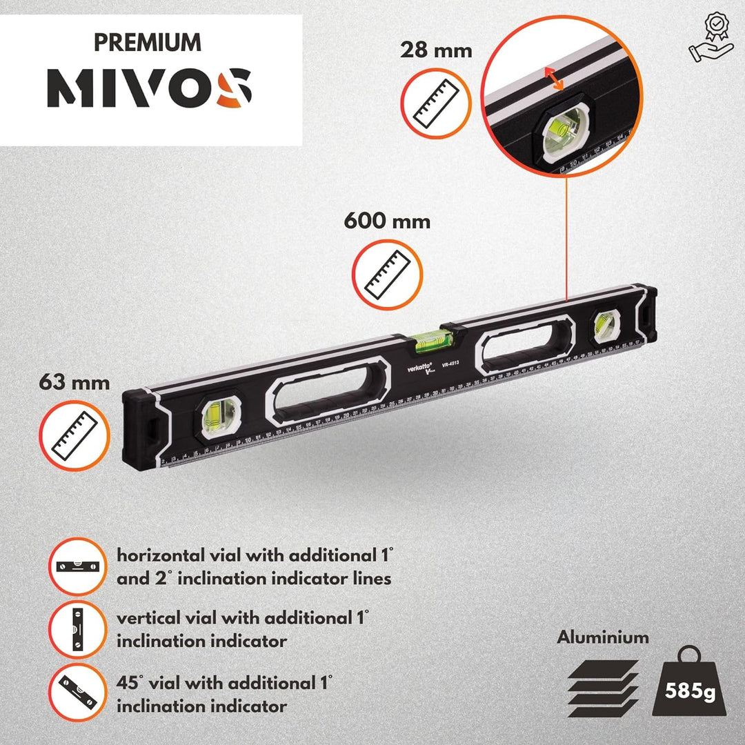 MIVOS - Aluminium Wasserwaage 60cm mit Magnet System und Aluminium-Gehäuse - Wasserwaage mit 3 Libel