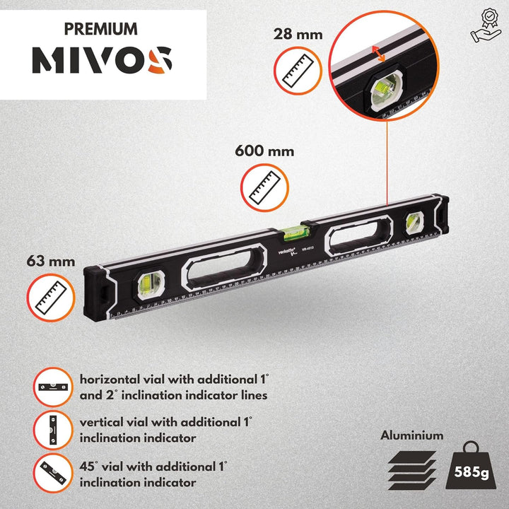 MIVOS - Aluminium Wasserwaage 60cm mit Magnet System und Aluminium-Gehäuse - Wasserwaage mit 3 Libel