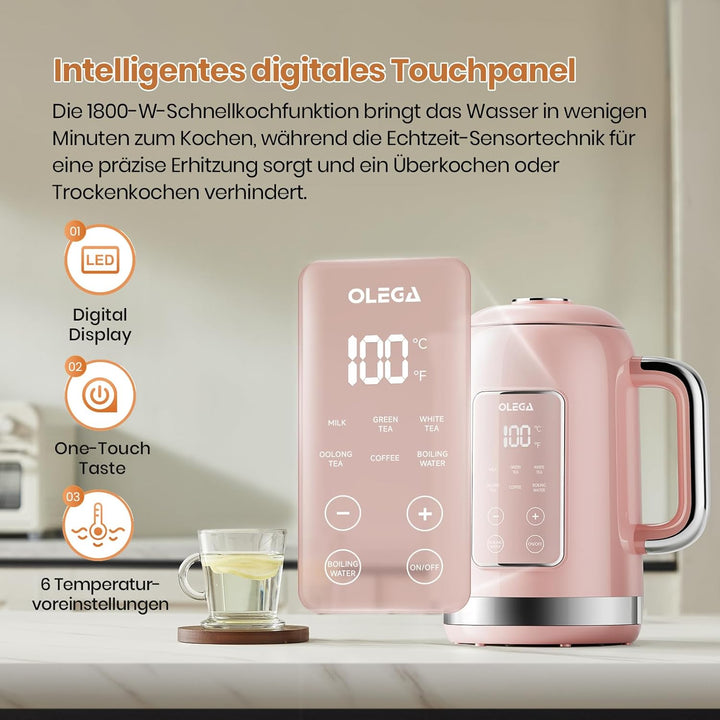 OLEGA Wasserkocher: 1800 W Wasserkocher mit Temperaturregelung, 1,5 l Fassungsvermögen, Edelstahl, S