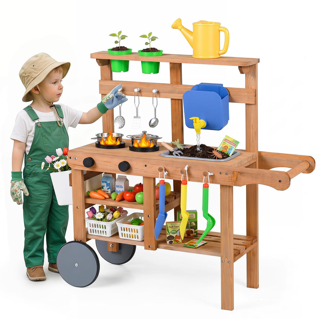 COSTWAY Matschküche Kinder Outdoor, Spielküche mit Wassertank &amp; Wasserhahn | Kinderküche mit Rädern,