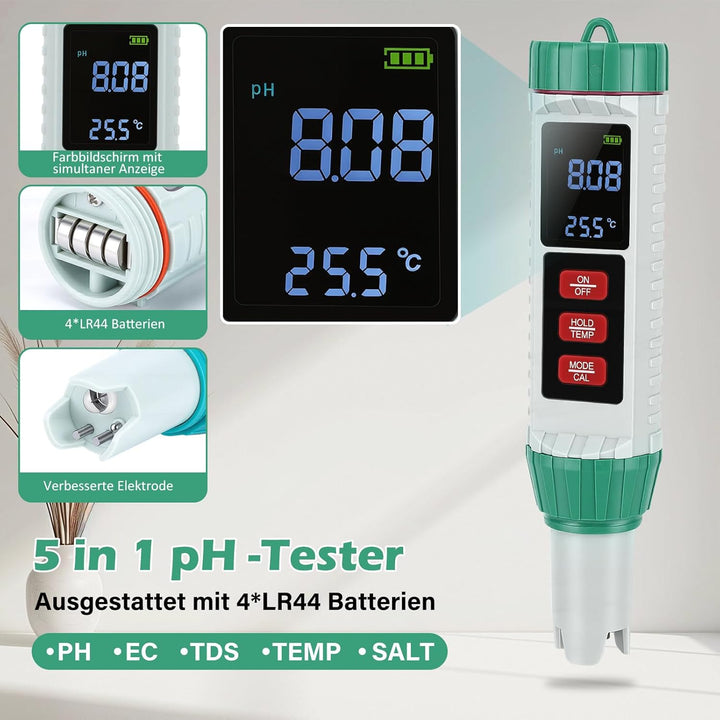 5 in 1 PH Messgerät Wasser, PH TDS EC Salzgehalt Temperatur Messgerät mit LED Display und Auto Tempe