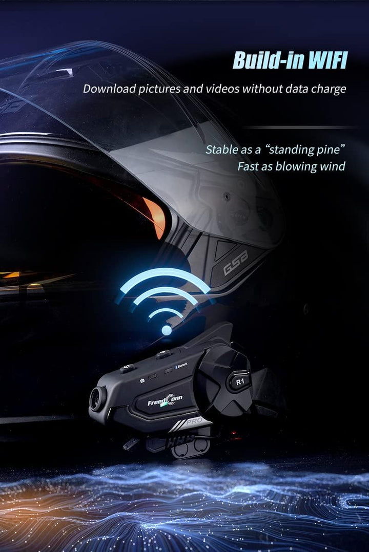 FreedConn Motorrad Helm Bluetooth Headset mit Kamera, R1 Pro 6-Wege 1000M Gegensprechanlage,Motorrad