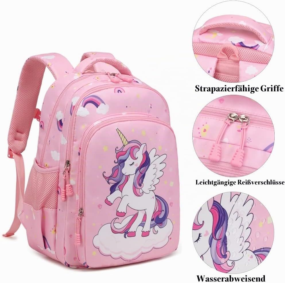 Kinderucksack Einhorn für Mädchen Schulrucksack Rucksack Kinder Schultasche 3 in 1 Schultaschen Sets