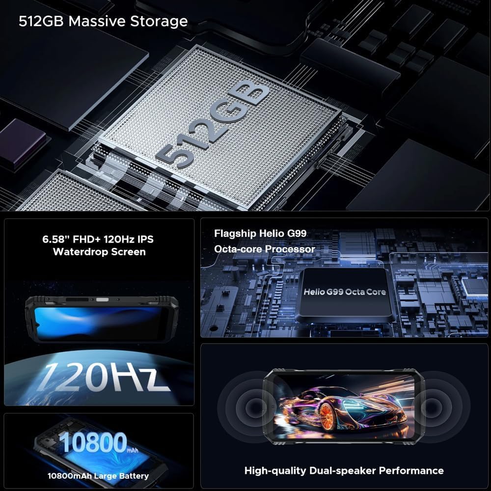 DOOGEE S118 Smartphone ohne Vertrag, Helio G99 Octa Core 20GB + 512GB, 10800mAh Akku / 33W, Robustes