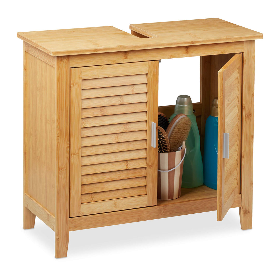 Relaxdays Waschbeckenunterschrank Bambus, HxBxT: 60x67x30 cm, 1 grosses Fach, 2 Türen, magnetisch, B