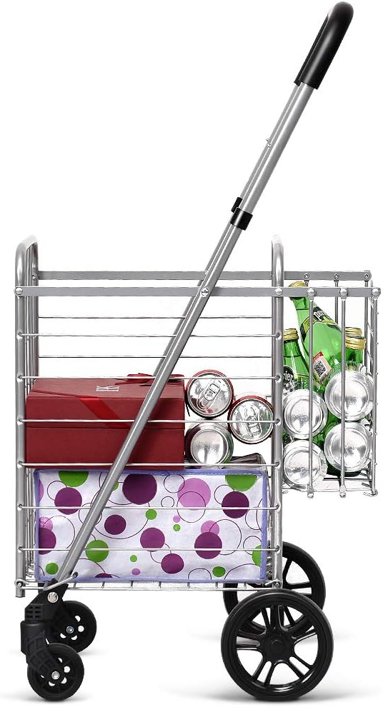 GOPLUS Klappbarer Einkaufswagen, Einkaufstrolley mit Verstellbarem Griff &amp; 4 Universalrädern, Rollwa