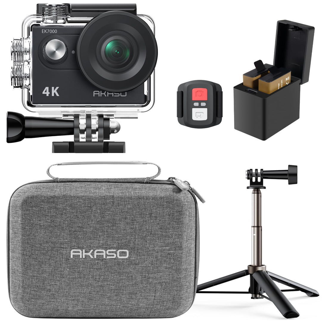 AKASO Action Cam mit 60cm Stativ Selfie Stick und Tasche, 4K30FPS 20MP WiFi Unterwasserkamera EIS St