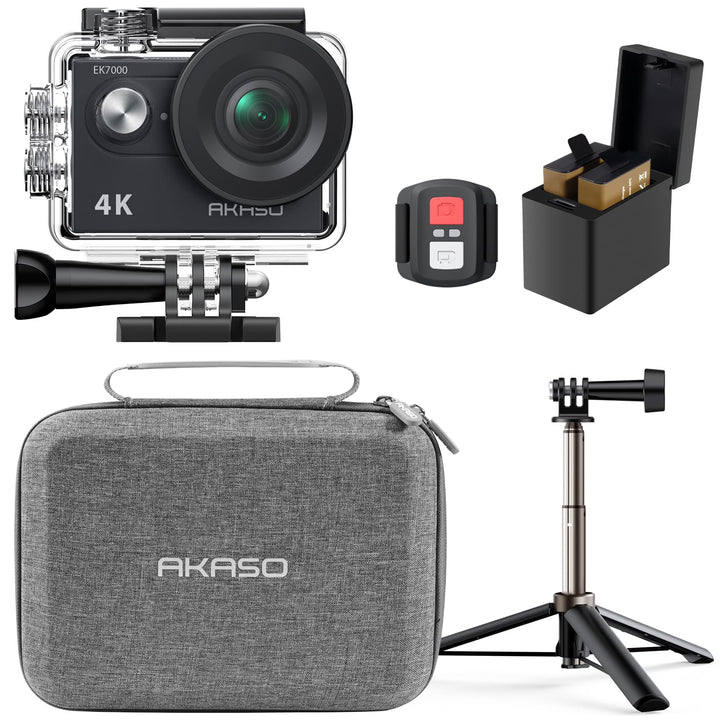 AKASO Action Cam mit 60cm Stativ Selfie Stick und Tasche, 4K30FPS 20MP WiFi Unterwasserkamera EIS St