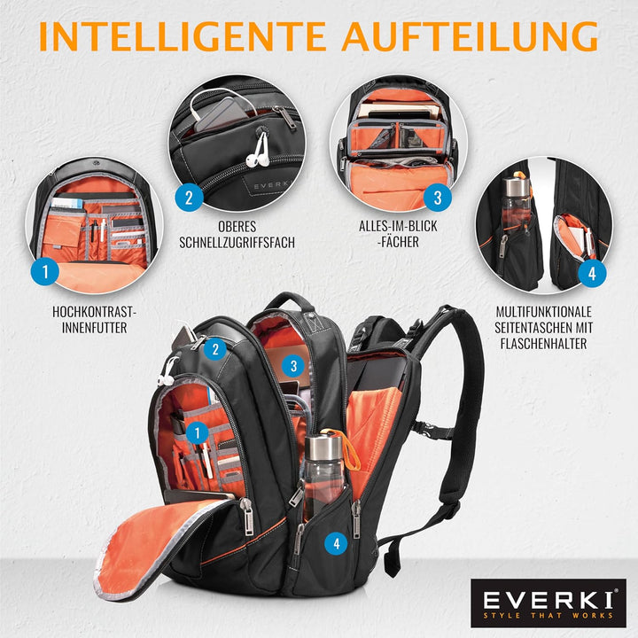 Everki Flight Business Laptop Rucksack 28,5 L für 16-Zoll Laptops – geräumiger Reise- & Arbeitsrucks
