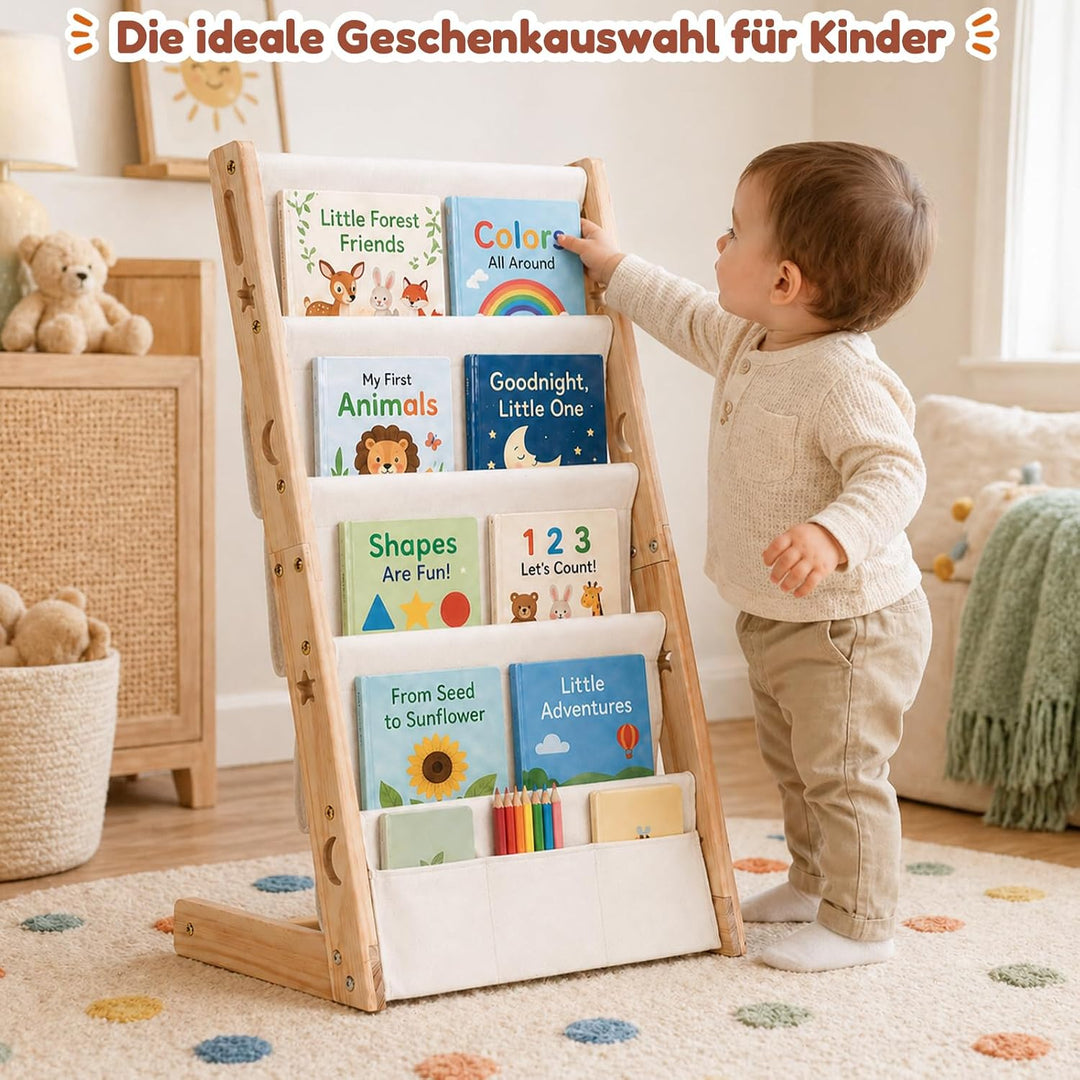 COSYLAND Bücherregal Kinder aus Kiefernholz, 4 Tiefe Fächer für Übersicht | Cover frontal sichtbar,