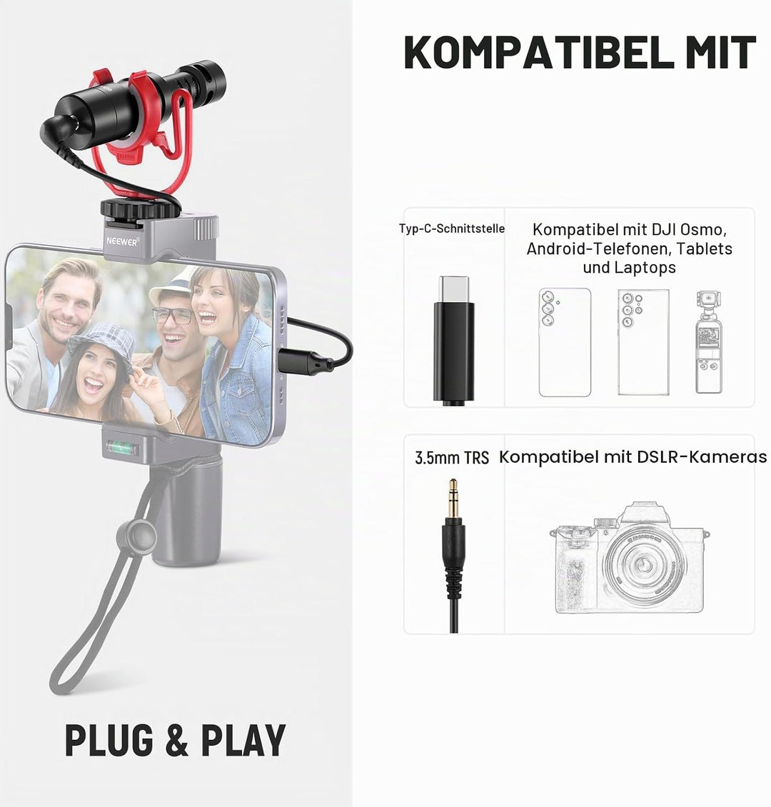 NEEWER Plug & Play Vlog Mikrofon 20–20kHz Mini Supernieren Mic mit 3,5mm TRS USB C OTG Kabel Stossha