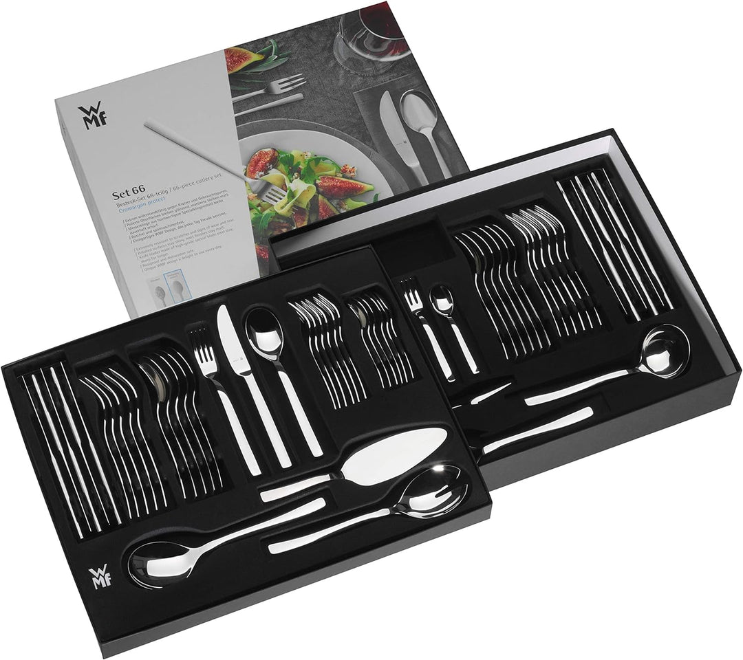 WMF Sonic Besteck Set 12 Personen, 66 teilig, 60 Teile mit Servierbesteck, Hohlheftmesser, Cromargan
