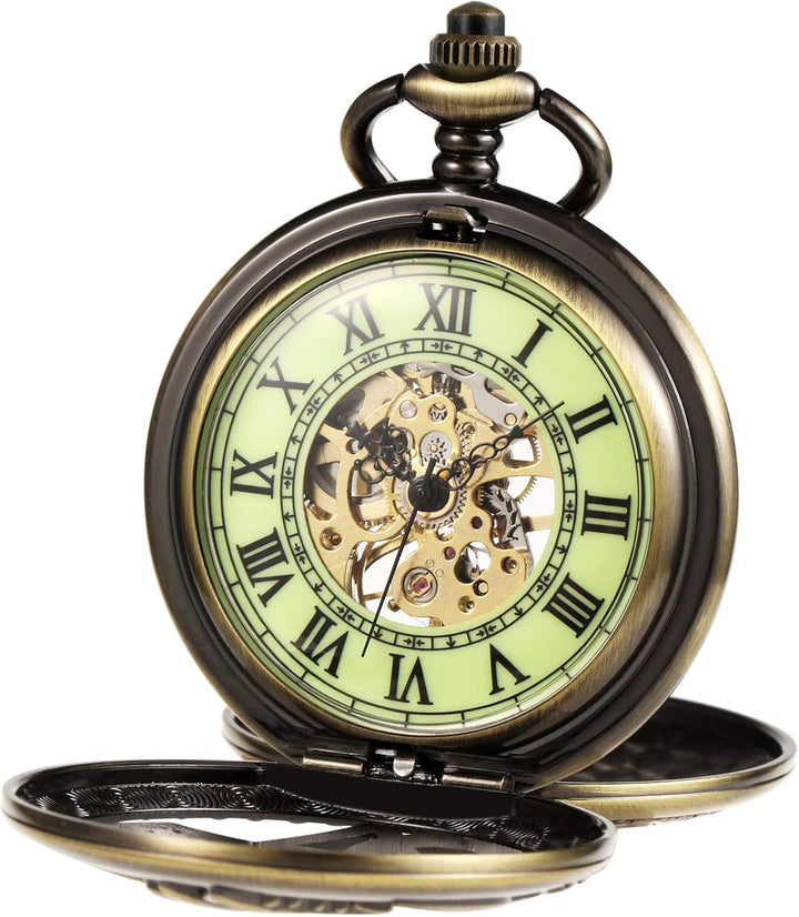 TREEWETO Unisex Taschenuhr Mechanisch Doppelter Abdeckung Fullmetal Alchemist Leuchtend Skelett Stea