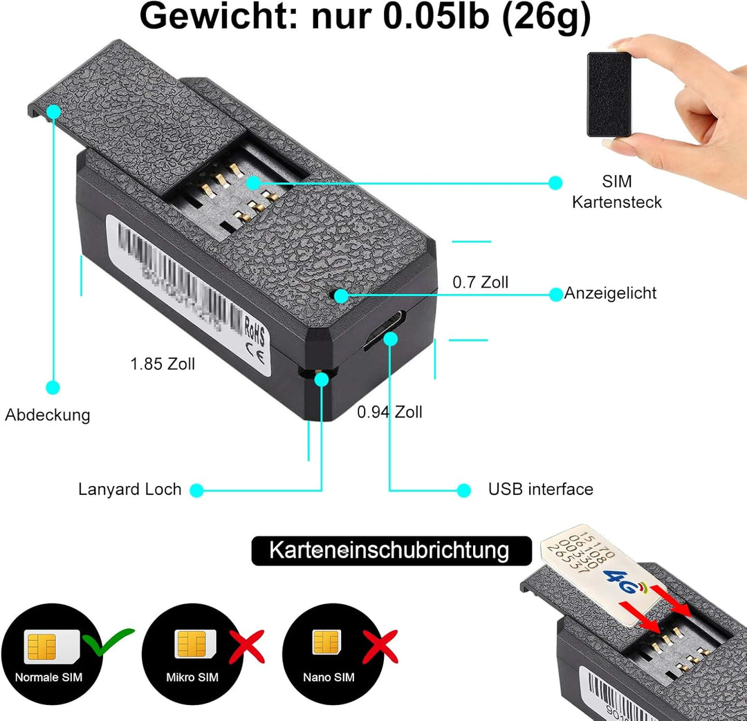 TKMARS 4G Mini GPS Tracker Ohne ABO GPS Tracker mit Kostenloser App für Autos, Dokumente, Kinder, TK