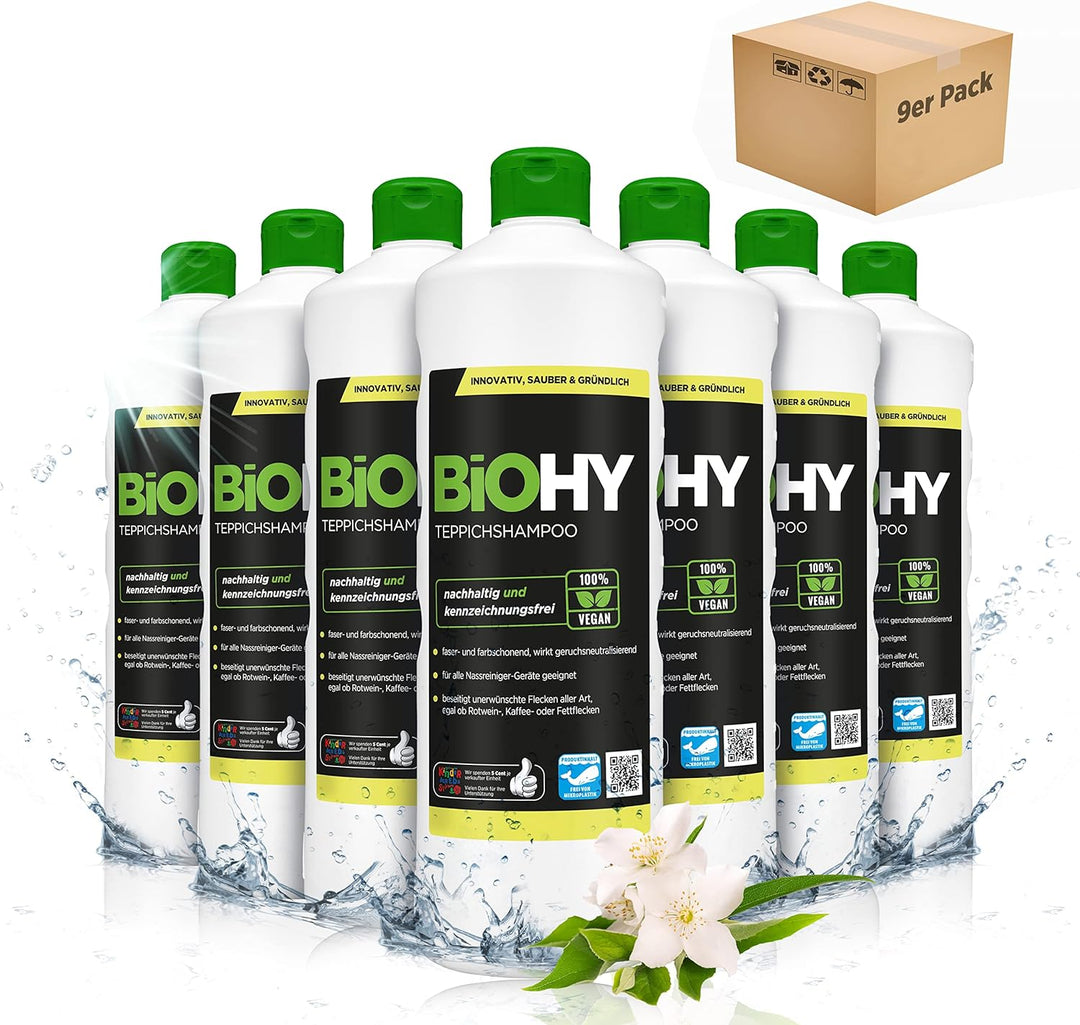 BiOHY Teppichshampoo (9 x 1 Liter) | Teppichreiniger Konzentrat | ideal gegen hartnäckige Flecken |