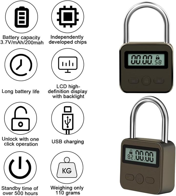 Aoreun Digitale Zeitschloss, Smart Time Lock mit LCD-Display, Wiederaufladbares USB Sicherheits Vorh