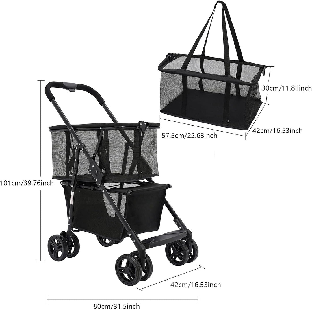Bollerwagen Klappbarer Warenkorb 50kg Tragkraft 2 Ebenen,Abnehmbare Handtasche 4 Räder,Zusammenklapp