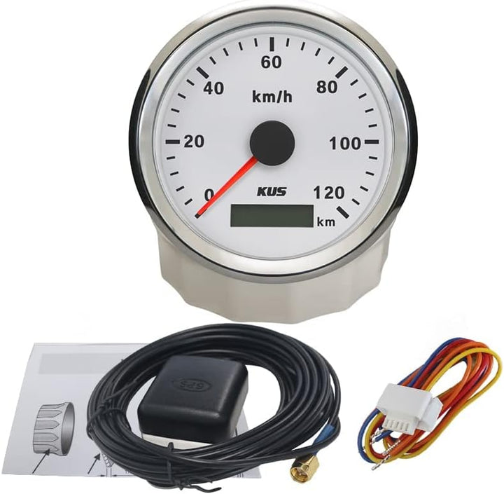 KUS Wasserdichte GPS Tacho Kilometerzähler 120KM/H Mit Hintergrundbeleuchtung Für Auto 85mm (Weiss),
