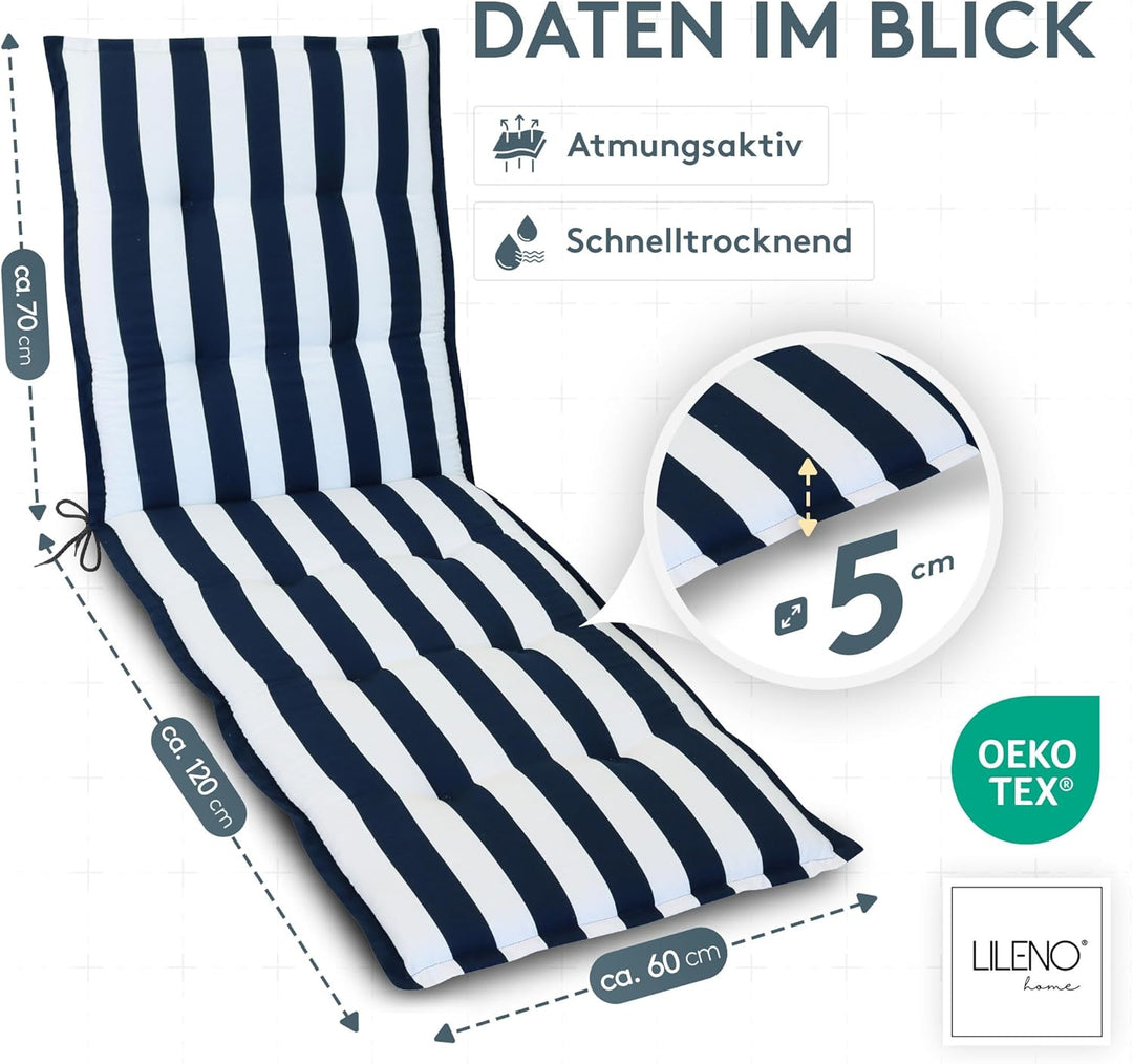 LILENO HOME Sonnenliege Auflage als [1er Set - Rollliege] in Blockstreifen Blau - Gartenliegen Aufla