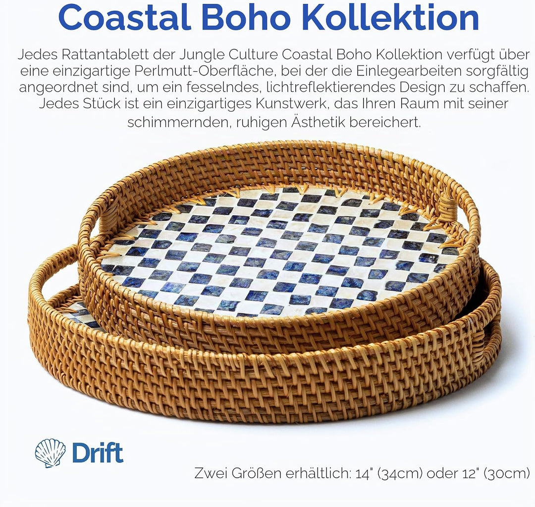 JUNGLE CULTURE Rattan Serviertablett rund 30 cm mit Perlmutt – Drift • Coastal Boho • Handgefertigte