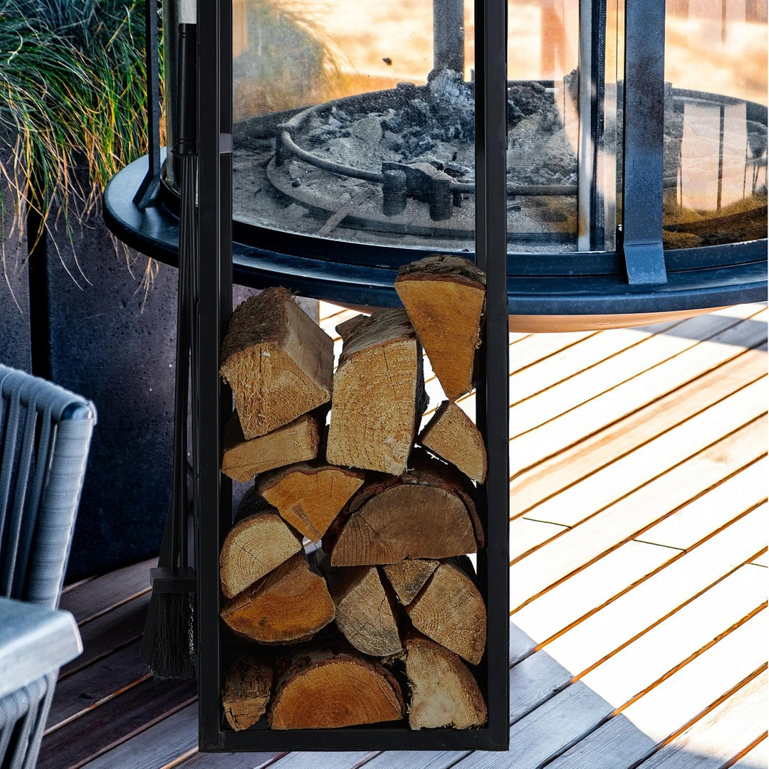 Relaxdays, schwarz Kaminholzregal mit Besteck, Metall, HBT: 76,5x36x30 cm, Brennholzregal innen, Hol