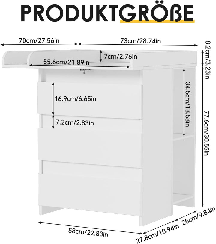 2-in-1 Wickelkommode mit abnehmbarem Wickelaufsatz,Baby Wickeltisch Weiss, Kommode mit 3 Schubladen