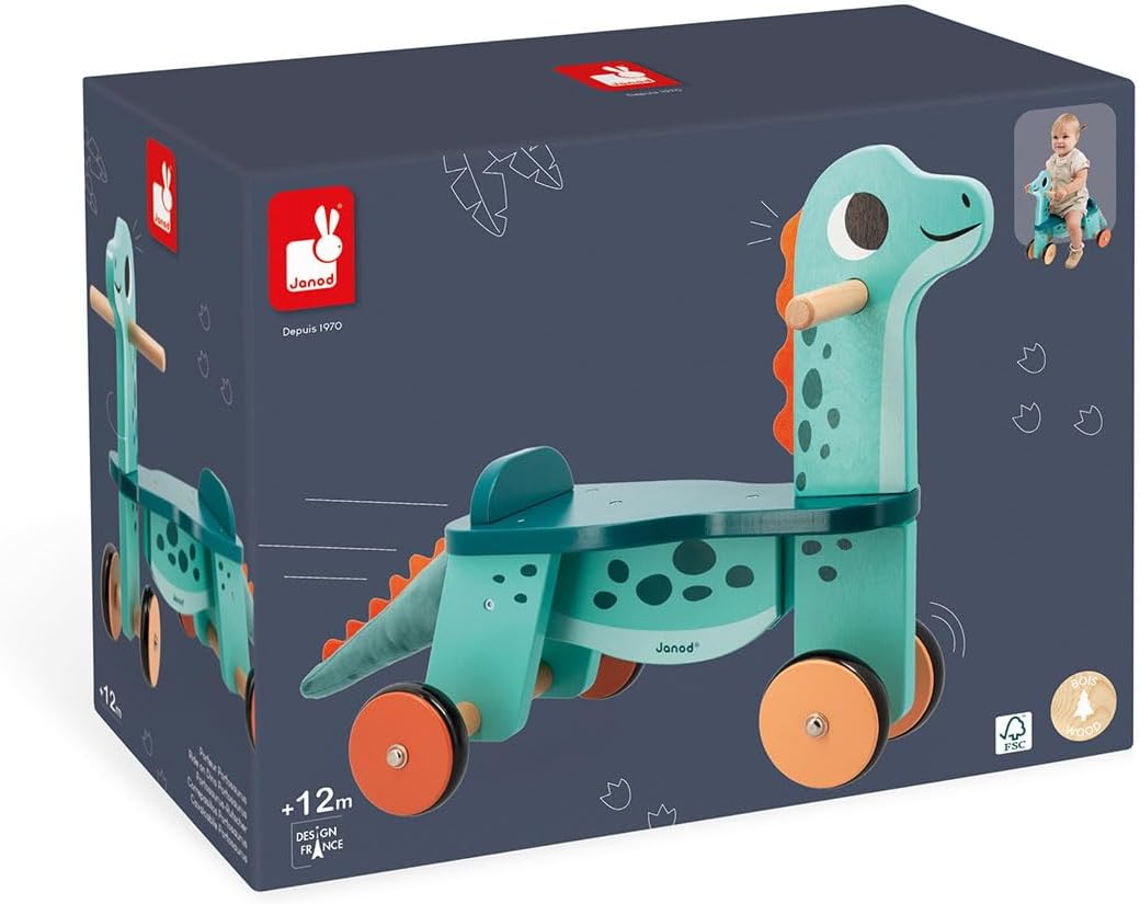 Janod Portosaurus Dinosaurier-Reittier-Sitzhöhe 21 cm-Abnehmbarer Plüschschwanz-Lernspielzeug aus FS