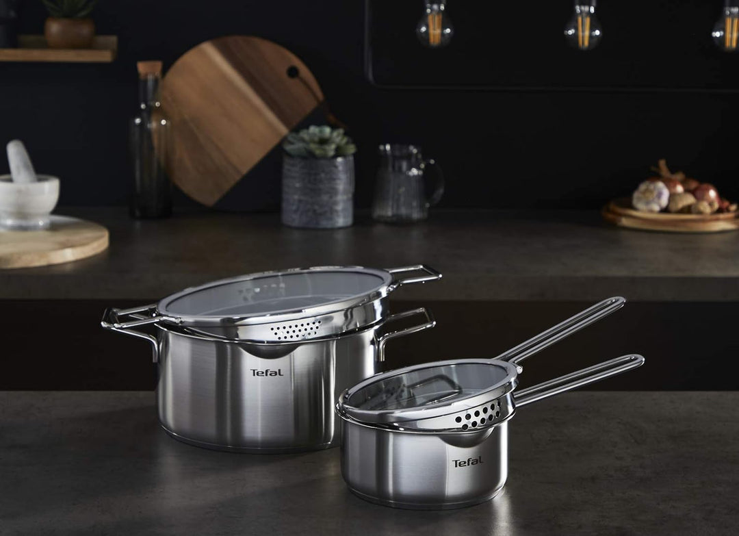 Tefal Nordica H852SA55 Stahl-Topfset mit Deckel 10-teilig, Topf: 18/20/24 cm, Kochtopf hoch 22cm, Ro